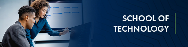 Banner image for 'School of Technology' showing two people working together on a digital display.